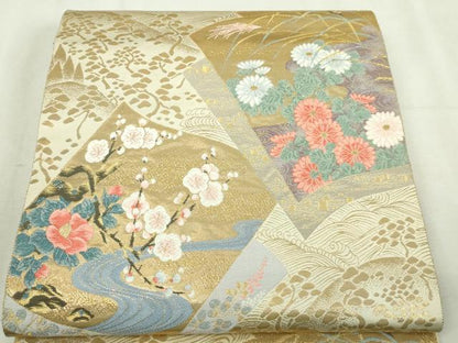 平和屋本店▼六通柄袋帯　唐織　色紙花文　九百本金箔　正絹　逸品　DABI1477sf