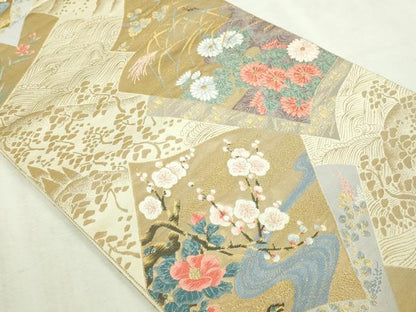 平和屋本店▼六通柄袋帯　唐織　色紙花文　九百本金箔　正絹　逸品　DABI1477sf