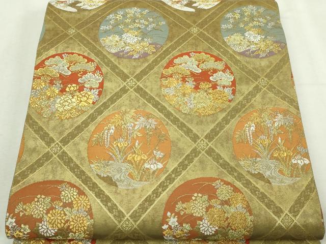 平和屋本店▼六通柄袋帯　草花丸文　本金糸　本金箔　正絹　逸品　DABI1480sf