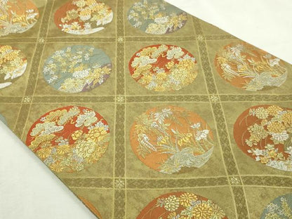 平和屋本店▼六通柄袋帯　草花丸文　本金糸　本金箔　正絹　逸品　DABI1480sf
