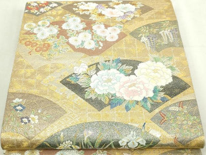 平和屋本店▼西陣　長嶋成織物　ながしま帯　六通柄袋帯　唐織　琳派四季地紙文　本金箔　証紙付き　正絹　逸品　DABI1495sf