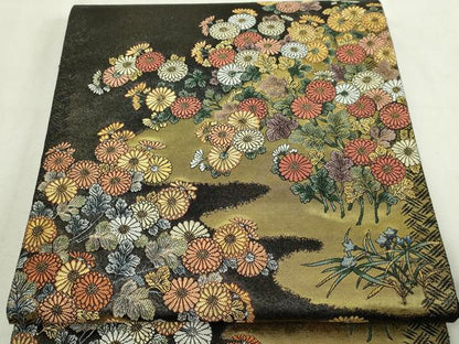 平和屋本店▼六通柄袋帯　重美東山蒔繪　菊稚重陽国　黒地　本金箔　正絹　逸品　DABI1496sf