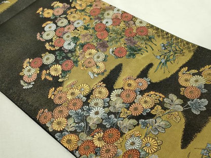平和屋本店▼六通柄袋帯　重美東山蒔繪　菊稚重陽国　黒地　本金箔　正絹　逸品　DABI1496sf