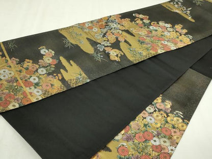 平和屋本店▼六通柄袋帯　重美東山蒔繪　菊稚重陽国　黒地　本金箔　正絹　逸品　DABI1496sf