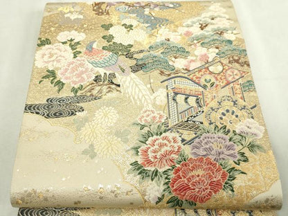 平和屋本店▼六通柄袋帯　唐織　山鳥御所車　九百本金弐重織　正絹　逸品　DABI1498sf