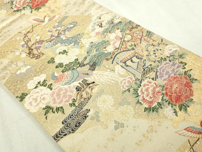平和屋本店▼六通柄袋帯　唐織　山鳥御所車　九百本金弐重織　正絹　逸品　DABI1498sf