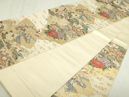 平和屋本店▼六通柄袋帯　唐織　山鳥御所車　九百本金弐重織　正絹　逸品　DABI1498sf