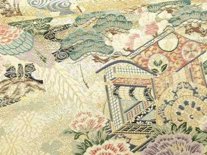 平和屋本店▼六通柄袋帯　唐織　山鳥御所車　九百本金弐重織　正絹　逸品　DABI1498sf