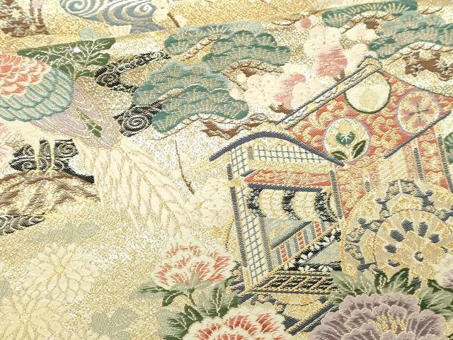 平和屋本店▼六通柄袋帯　唐織　山鳥御所車　九百本金弐重織　正絹　逸品　DABI1498sf