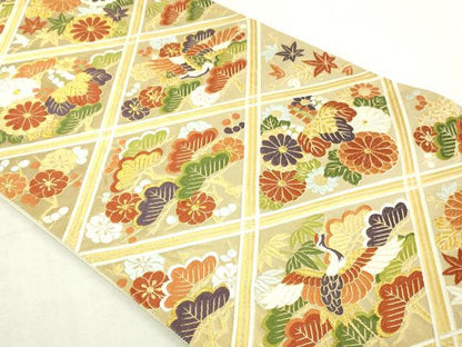 平和屋本店▼六通柄袋帯　唐織　菱取鹿花鳥文　本金箔　正絹　逸品　DABI1508sf