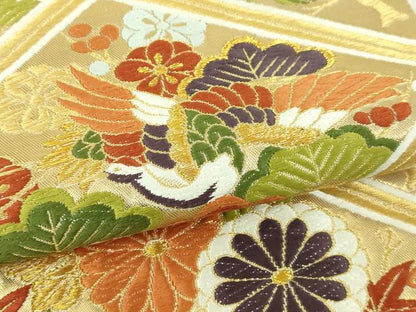 平和屋本店▼六通柄袋帯　唐織　菱取鹿花鳥文　本金箔　正絹　逸品　DABI1508sf
