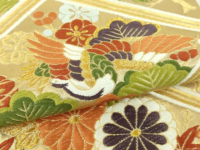 平和屋本店▼六通柄袋帯　唐織　菱取鹿花鳥文　本金箔　正絹　逸品　DABI1508sf