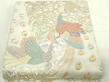 平和屋着物▼六通柄袋帯　明綴更紗金繍　孔雀花文　正絹　逸品　DABI1509sf