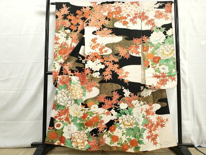 平和屋着物■豪華振袖　駒刺繍　道長牡丹文　黒地　金彩　正絹　逸品　DABI1521qa