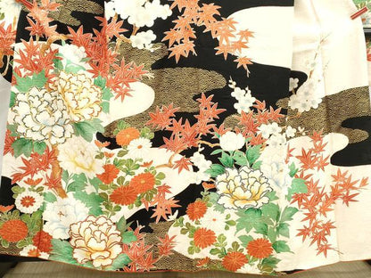 平和屋着物■豪華振袖　駒刺繍　道長牡丹文　黒地　金彩　正絹　逸品　DABI1521qa