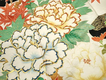 平和屋着物■豪華振袖　駒刺繍　道長牡丹文　黒地　金彩　正絹　逸品　DABI1521qa