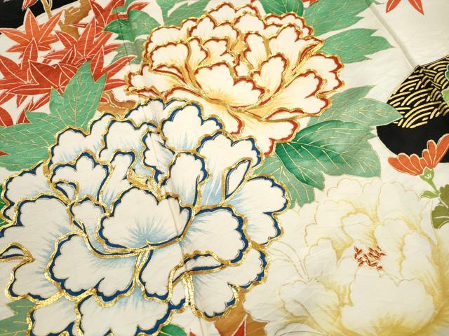 平和屋着物■豪華振袖　駒刺繍　道長牡丹文　黒地　金彩　正絹　逸品　DABI1521qa