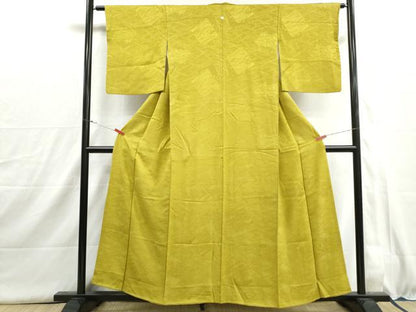 平和屋着物■上質な色無地　破れ色紙花地紋　鶸色　正絹　逸品　DABI1523qa