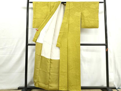 平和屋着物■上質な色無地　破れ色紙花地紋　鶸色　正絹　逸品　DABI1523qa