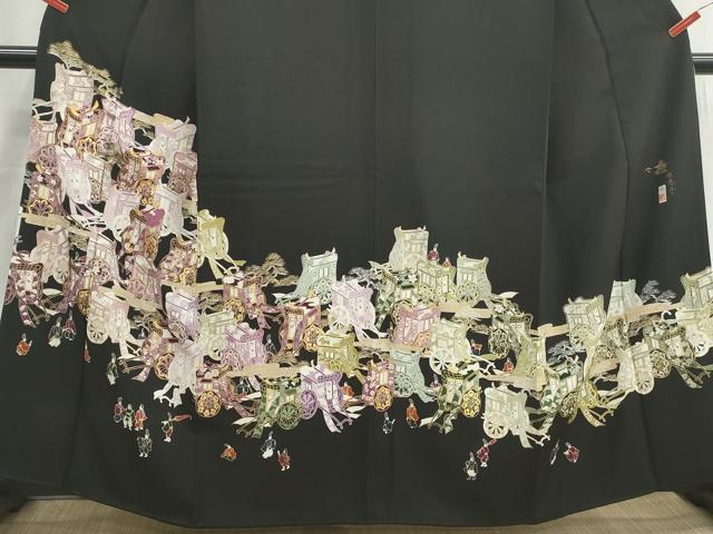 平和屋着物■豪華黒留袖　作家物　駒刺繍　人物御所車文　金彩　正絹　逸品　DABI1536qa