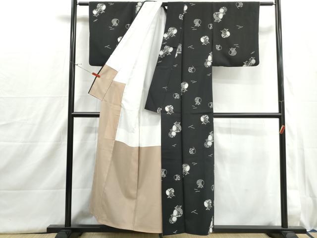 平和屋着物■小紋　花和太鼓文　黒地　洗える着物　DABI1547qa