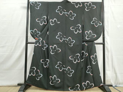 平和屋着物■小振袖　二尺袖　ふくれ桜　黒地　洗える着物　DABI1549qa