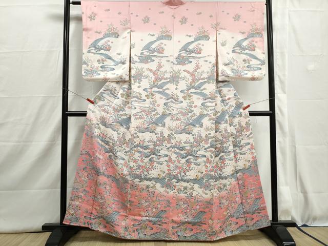 平和屋着物■訪問着　流水草花文　暈し染め　正絹　逸品　DABI1581qa