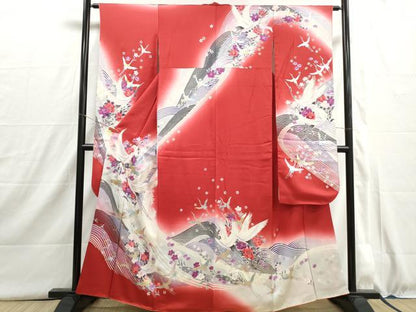平和屋着物■豪華振袖　駒刺繍　立波群鶴文　暈し染め　金銀彩　正絹　逸品　DABI1587qa