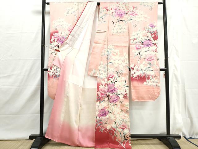 平和屋着物■豪華振袖　枝花牡丹文　暈し染め　銀彩　正絹　逸品　DABI1617qa
