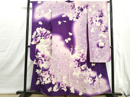 平和屋着物■豪華振袖　刺繍　孔雀花文　暈し染め　金彩　正絹　逸品　DABI1618qa