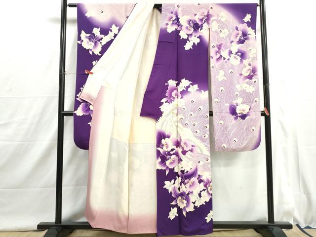 平和屋着物■豪華振袖　刺繍　孔雀花文　暈し染め　金彩　正絹　逸品　DABI1618qa