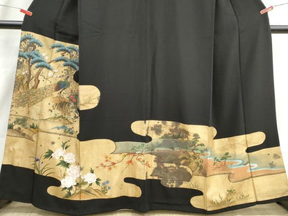 平和屋着物■豪華黒留袖　孔雀花松文　金彩　正絹　逸品　DABI1622qa