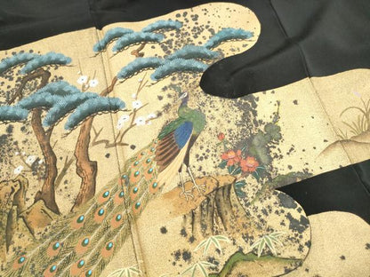 平和屋着物■豪華黒留袖　孔雀花松文　金彩　正絹　逸品　DABI1622qa