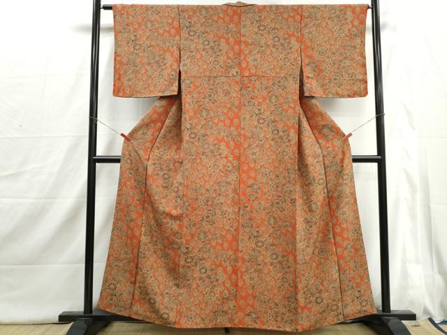 平和屋着物■上質な小紋　更紗花文　鬼しぼ縮緬　正絹　逸品　DABI1653qa