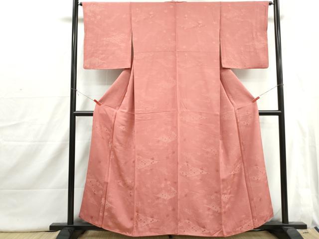 平和屋着物■上質な色無地　舞楓笹地紋　甚三紅色　正絹　逸品　DABI1666qa