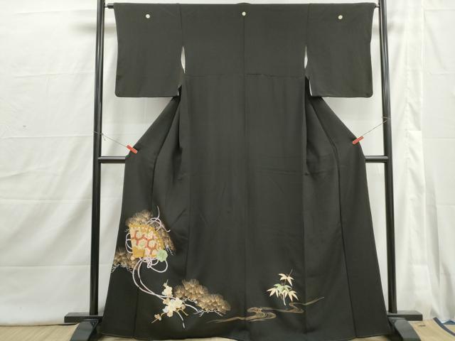 平和屋着物■豪華黒留袖　駒刺繍　流水檜扇文　松竹梅　金銀彩　正絹　逸品　DABI1713qa