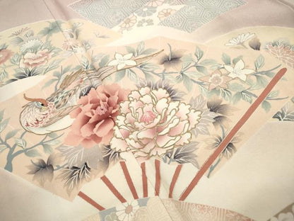 平和屋着物■豪華色留袖　駒刺繍　扇面花鳥文　牡丹　暈し染め　金彩　正絹　逸品　DABI1717qa