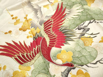 平和屋着物■豪華振袖　駒刺繍　飛鶴梅松文　金銀糸　正絹　逸品　DABI1720qa