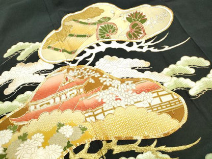 平和屋着物■豪華黒留袖　駒刺繍　風景枝松文　金彩　正絹　逸品　DABI1726qa