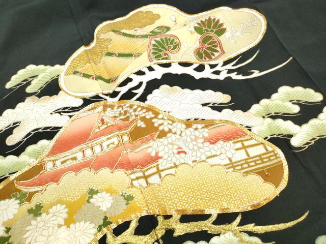 平和屋着物■豪華黒留袖　駒刺繍　風景枝松文　金彩　正絹　逸品　DABI1726qa