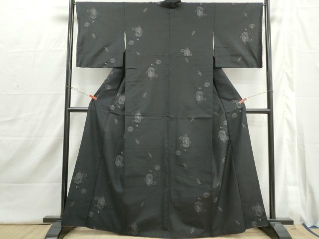 平和屋着物■上質な紬　貝桶文　黒地　正絹　逸品　DABI1736qa