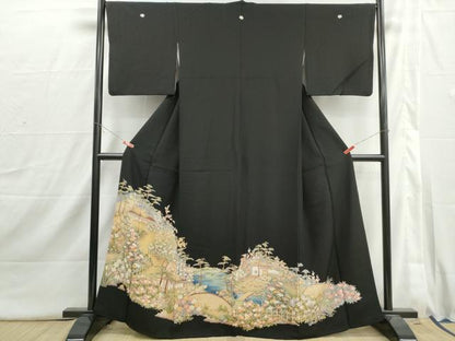 平和屋着物■豪華黒留袖　友禅　風景花松文　暈し染め　正絹　逸品　DABI1737qa