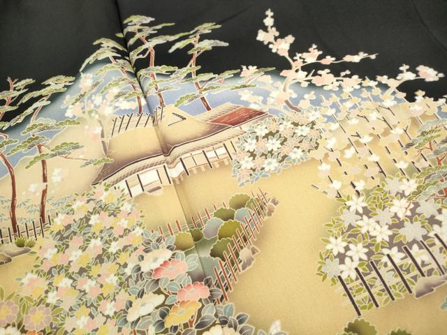 平和屋着物■豪華黒留袖　友禅　風景花松文　暈し染め　正絹　逸品　DABI1737qa