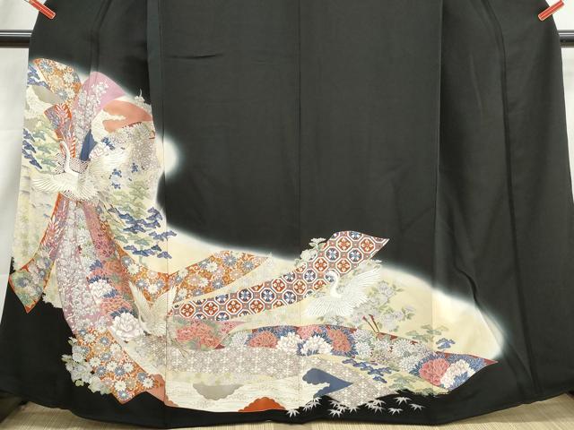 平和屋着物■豪華黒留袖　駒刺繍　束ね熨斗飛鶴花松文　暈し染め　金彩　正絹　逸品　DABI1739qa