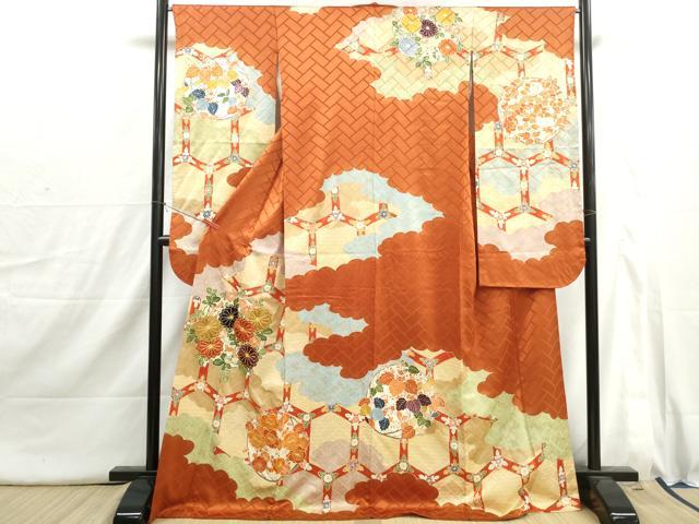 平和屋着物■豪華振袖　駒刺繍　雲取り亀甲花文　梅　桐　金彩　正絹　逸品　DABI1742qa
