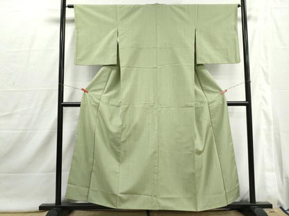 平和屋着物■上質な色無地　柳色　伝統工芸品越後生紬　反端付き　正絹　逸品　DABI1768qa