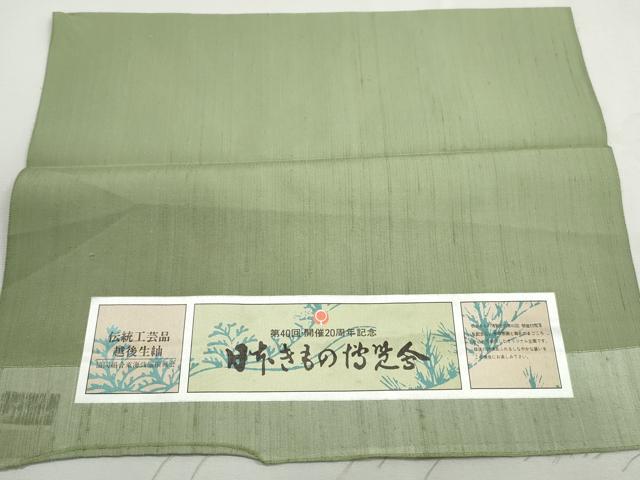 平和屋着物■上質な色無地　柳色　伝統工芸品越後生紬　反端付き　正絹　逸品　DABI1768qa