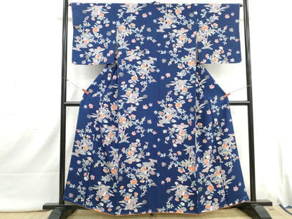 平和屋着物■上質な小紋　型染め　草花文　椿　鬼しぼ縮緬　正絹　逸品　DABI1774qa