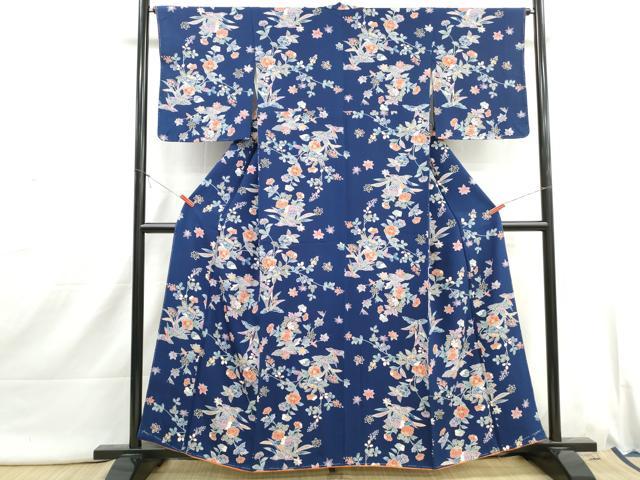 平和屋着物■上質な小紋　型染め　草花文　椿　鬼しぼ縮緬　正絹　逸品　DABI1774qa