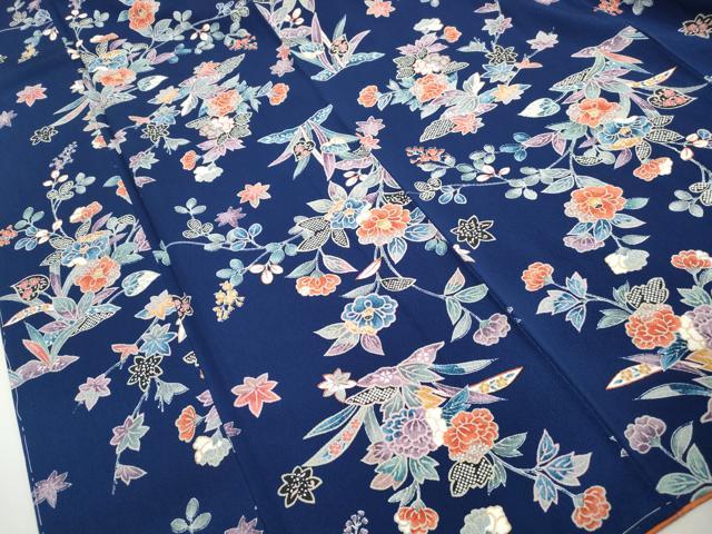 平和屋着物■上質な小紋　型染め　草花文　椿　鬼しぼ縮緬　正絹　逸品　DABI1774qa